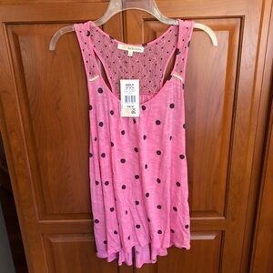 Pink & Black Polka Dot Lace-Back Tank Top – Size Large